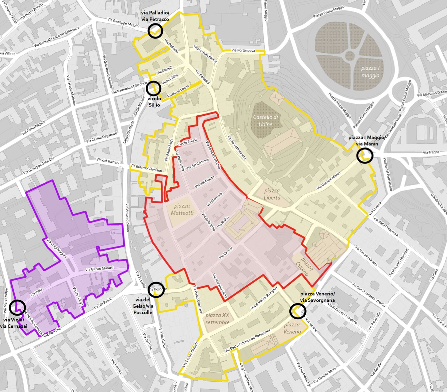 La riorganizzazione del centro storico di Udine con la creazione di due aree distinte una pedonale e una traffico limitato