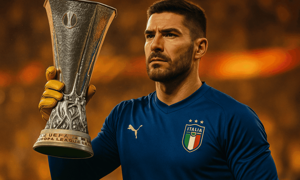 Guglielmo Vicario con la maglia della nazionale e il trofeo dell'Europa League