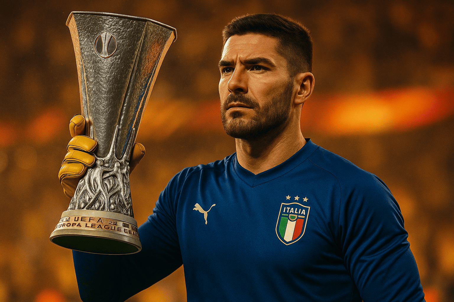 Guglielmo Vicario con la maglia della nazionale e il trofeo dell'Europa League