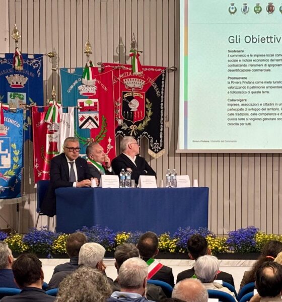 L'assessore Bini, il sindaco D'Altilia e il presidente Bordin a Palazzolo dello Stella alla presentazione del neonato Distretto del commercio della Riviera friulana