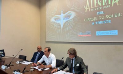 Un momento della conferenza stampa con Massimiliano Fedriga, il sindaco di Trieste Roberto Dipiazza e il presidente del Teatro Stabile Francesco Granbassi