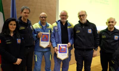 L'assessore regionale alla Protezione civile Riccardo Riccardi con il neo eletto rappresentante nel Comitato nazionale del volontariato di Protezione Civile, Fabio Braccini e l'uscente Paolo Londero