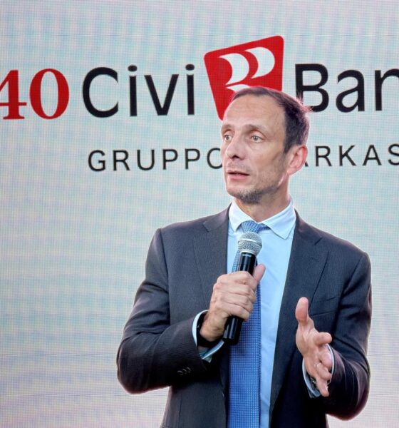 Il governatore del Friuli Venezia Giulia, Massimiliano Fedriga, alla celebrazione per i 140 anni di CiviBank