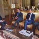 Il governatore Fedriga durante l'incontro in Ambasciata. Alla sinistra Fabrice La Saché e alla destra il ministro plenipotenziario Ludovico Serra