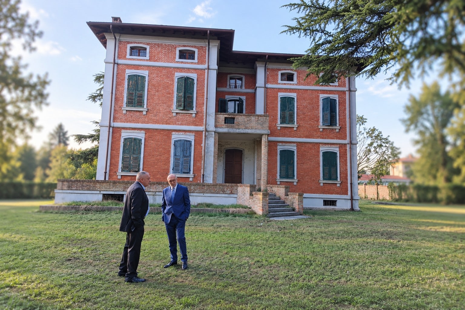 L'assessore Riccardo Riccardi con il sindaco Francesco Toneguzzo durante la visita all'esterno dello stabile destinato a Centro per l'abitare inclusivo