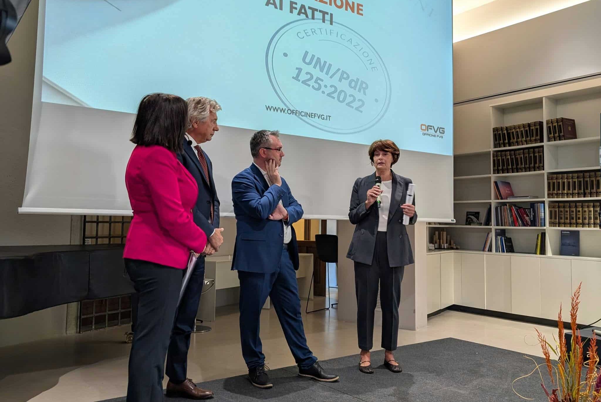 L'intervento dell'assessore regionale Alessia Rosolen, insieme al sindaco di Campoformido Massimiliano Petri e al presidente di Officine FVG Enzo Tulisso