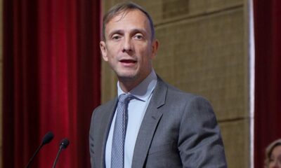 Il governatore del Friuli Venezia Giulia Massimiliano Fedriga intervenendo nell'Aula magna dell'Università degli Studi di Trieste alla cerimonia di apertura dell'anno accademico 2026/27