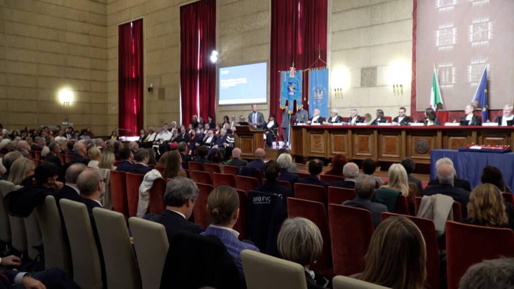 Il governatore del Friuli Venezia Giulia Massimiliano Fedriga intervenendo nell'Aula magna dell'Università degli Studi di Trieste alla cerimonia di apertura dell'anno accademico 2026/27